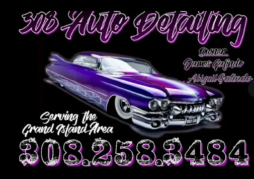 308 Auto Detailing logo: a purple 1959 Cadillac with the words Serving the Grand Island Area and the phone number 308-258-3484